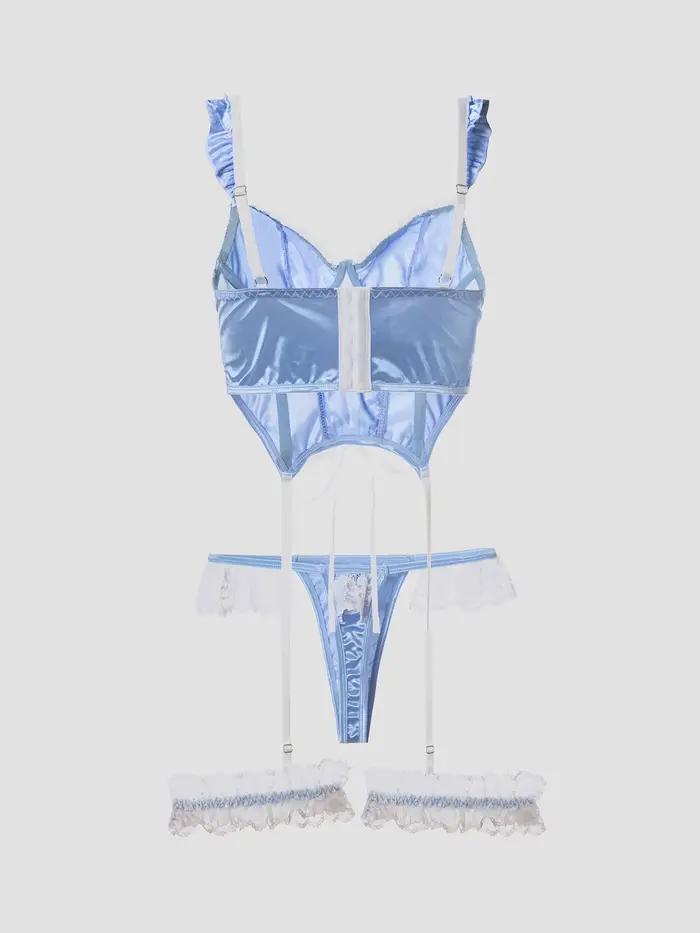Ensemble de lingerie pour femme en satin jacquard avec dentelle, patchwork, volants et fermeture à nouer, avec armatures
