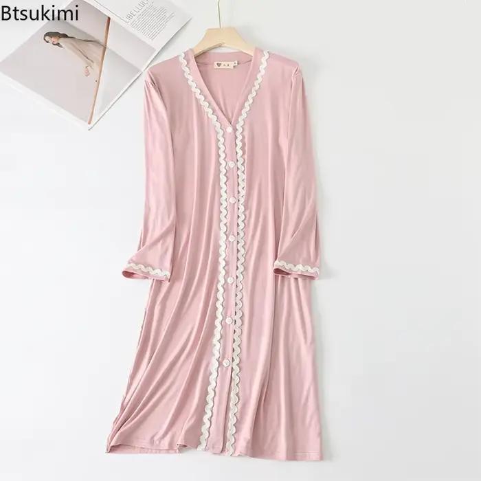 2026 femmes à manches longues col en v chemises de nuit mode boutonné Cardigan Robe