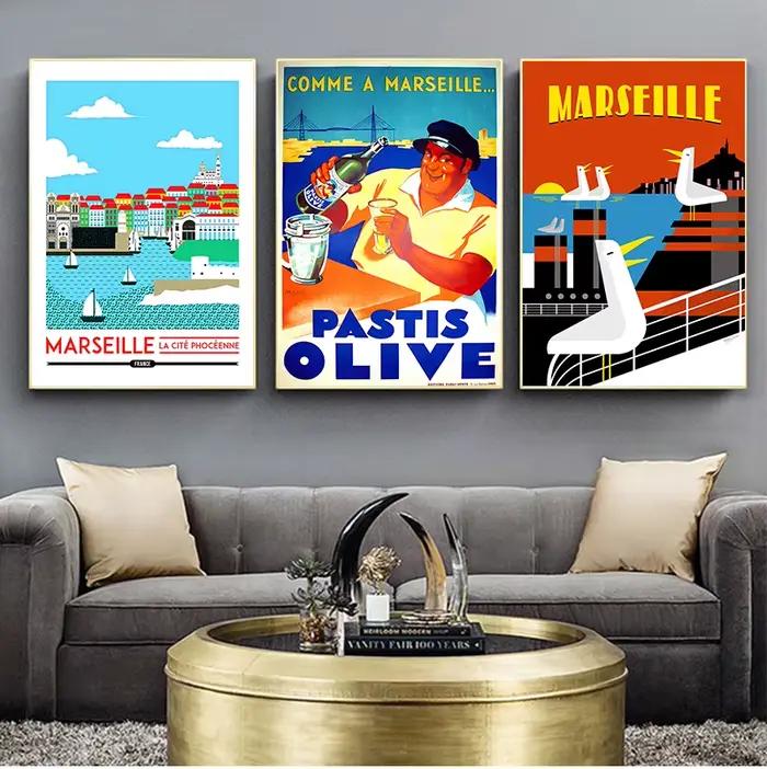 Toile de voyage d'olive de Marseille Anis de France, images Vintage, affiches Kraft, autocollants muraux enduits, décoration de maison, cadeau