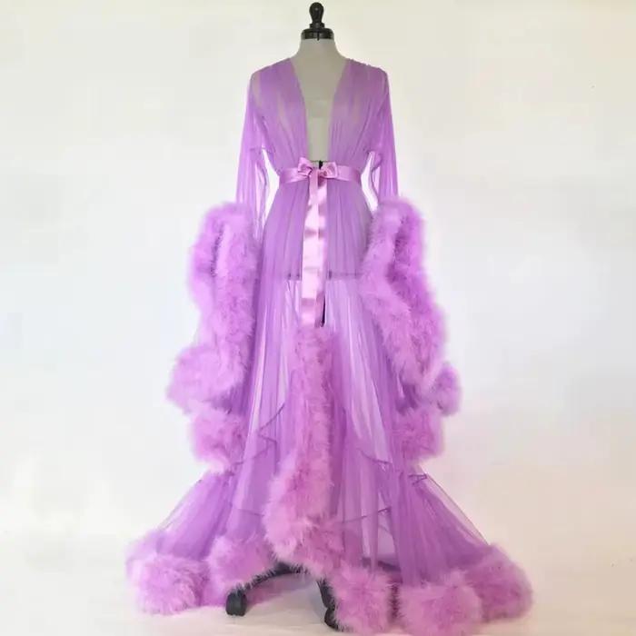 Robe de soirée Cocktail à manches moelleuses pour femmes, robe de bain, peignoir translucide, en maille, transparente, chemise de nuit de nuit de mariage
