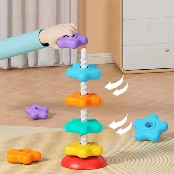 Tour arc-en-ciel rotative Montessori, jouet de puzzle à empiler pour bébé, développe les capacités motrices, jeu éducatif pour enfants, tour d'empilage sensoriel