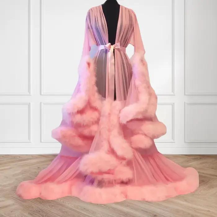 Robe de soirée Cocktail à manches moelleuses pour femmes, robe de bain, peignoir translucide, en maille, transparente, chemise de nuit de nuit de mariage