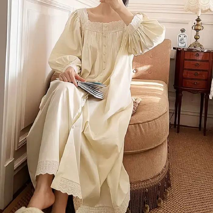 Vintage broderie coton longues chemises de nuit pour dame à manches