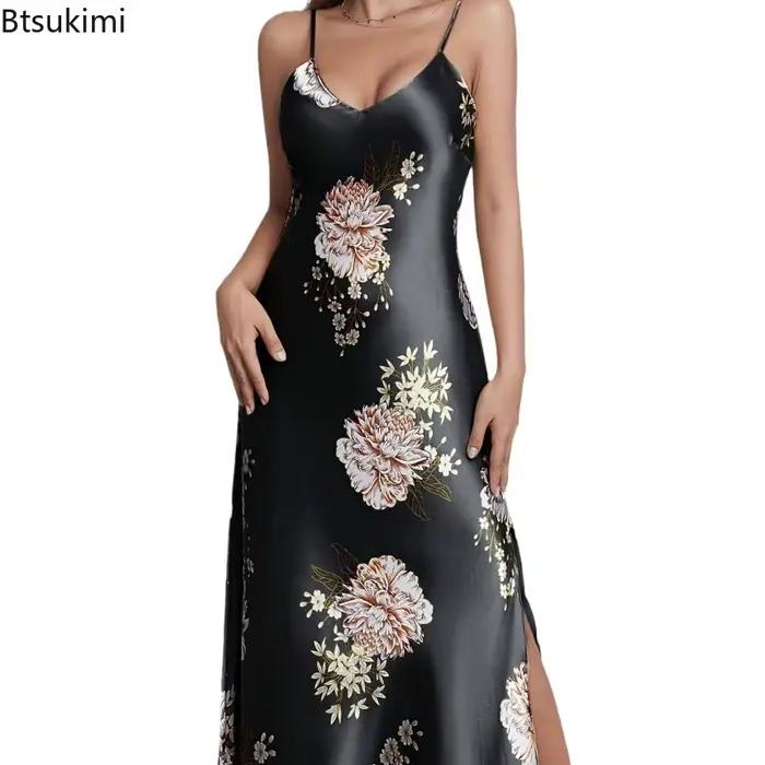 Nouveau 2026 femmes d'été élégant Sexy col en v imprimé fleuri soyeux confort lisse Slip chemises de nuit robes