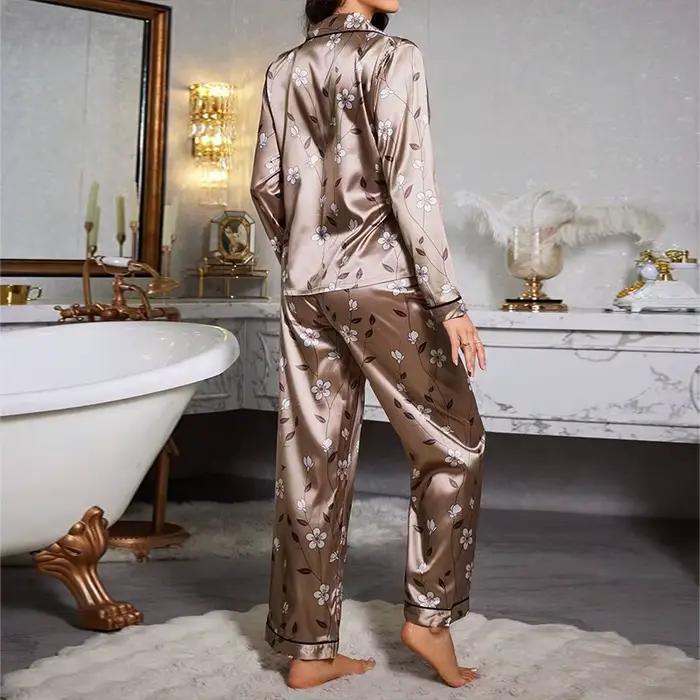 Ensemble pyjama en Satin à imprimé Floral pour femmes, manches longues et pantalon pour un sommeil confortable, vêtements de détente doux et vêtements de nuit