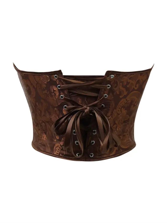 Corset bustier sans bretelles en jacquard baroque marron pour femme, avec baleines en acier et dos lacé, idéal pour les tenues vintage et gothiques