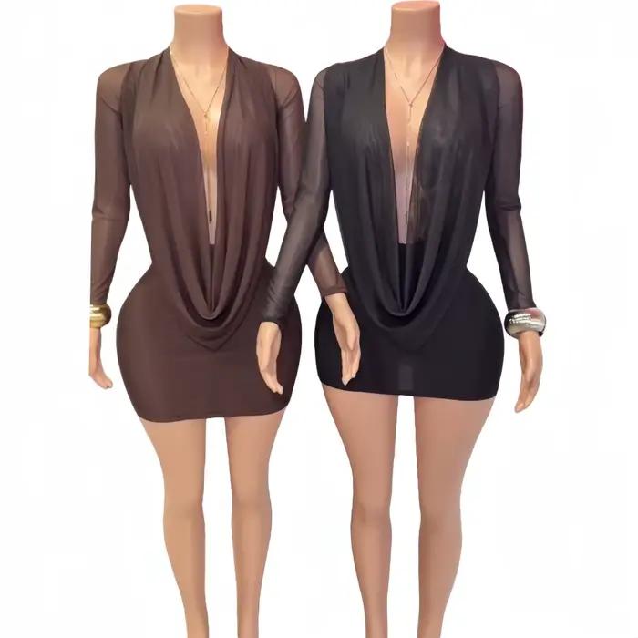 FAGADOER Sexy maille robes moulantes pour femme couleur unie col en v profond manches longues dos nu robe
