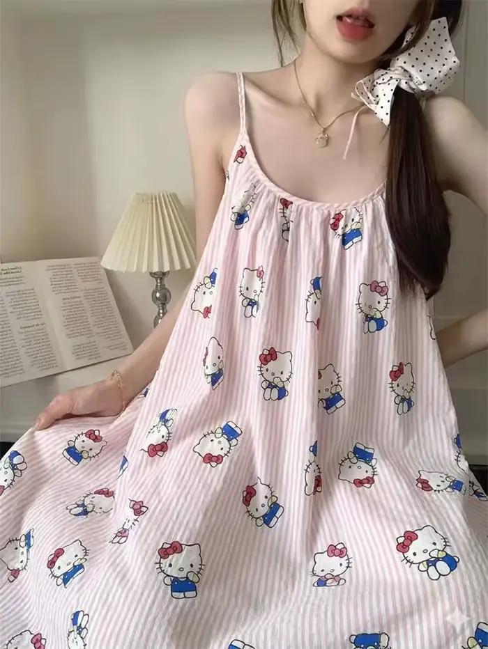 Robe de nuit mi-longue Hello Kitty pour femme avec soutien-gorge intégré