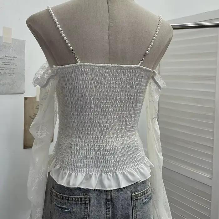 T-shirt en dentelle vintage ISAROSE pour femmes, style français, sans bretelles, imitation perles, bretelles, col en V, manches évasées en maille, hauts slim
