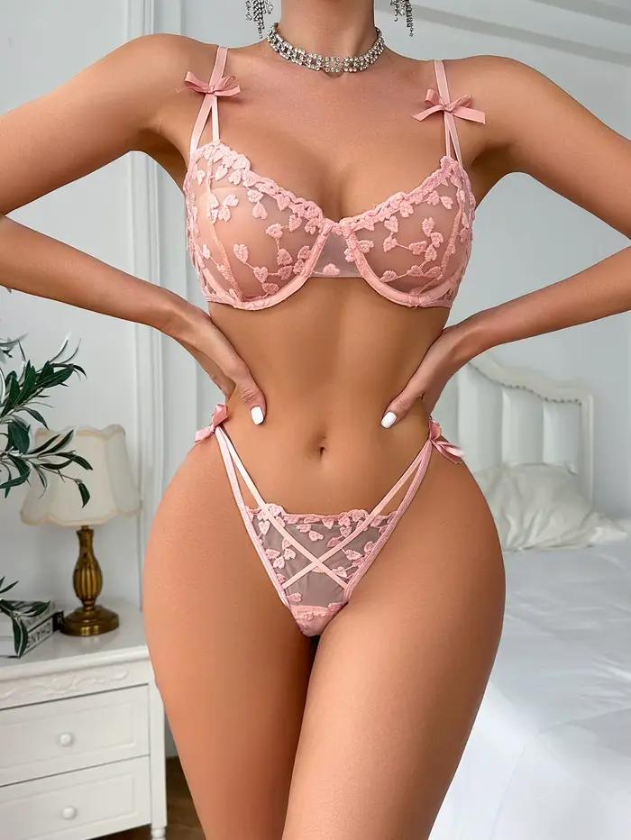 Yimunancy coeur broderie ensemble de Lingerie femmes 2 pièces Transparent nœud soutien-gorge + bref