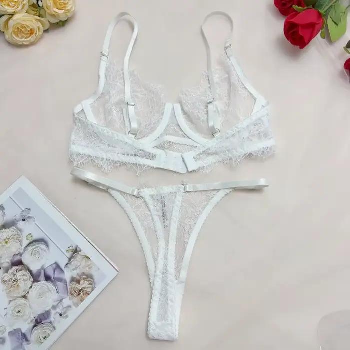 Ensemble soutien-gorge et culotte en dentelle transparente pour femmes
