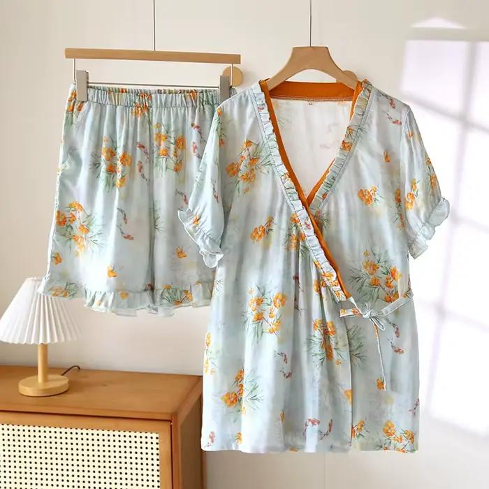 Ensemble pyjama d'été en coton de bambou pour femmes, imprimé floral fin, Kimono à lacets, manches courtes, avec Short, costume de pyjama