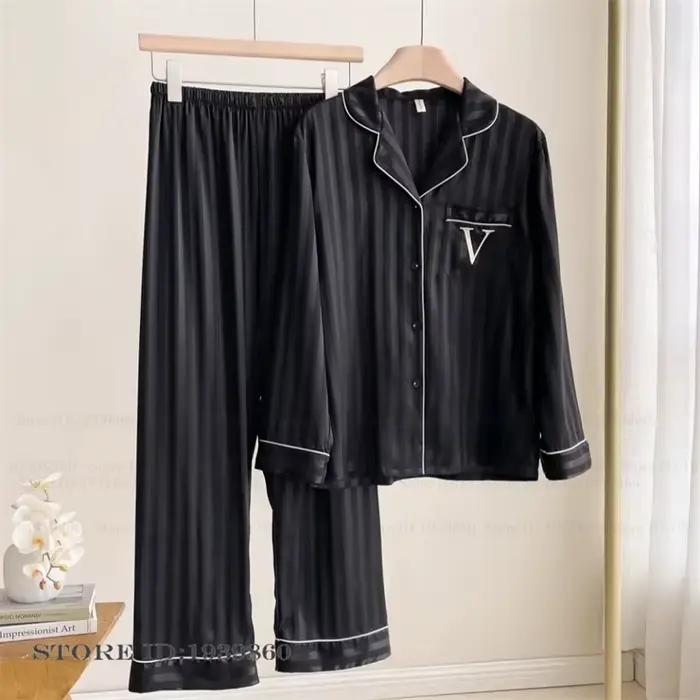 Pyjama femme 2 pièces ensemble mode noir glace vêtements de nuit en soie pantalon costumes