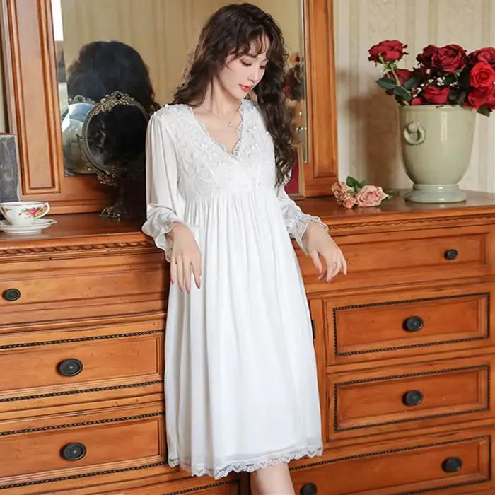 Haute qualité printemps automne vêtements de nuit femmes chemise de nuit à manches longues Sexy col en v longue robe maille Modal doux chemises de nuit femme