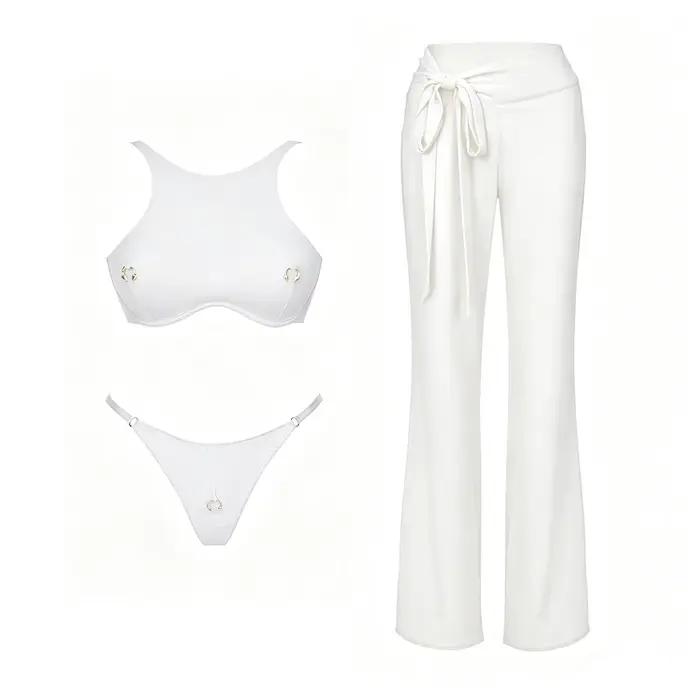 Maillot de bain sexy 3 pièces avec pantalon de plage, bikini push-up pour femme, maillot de bain blanc, micro bikinis, vêtements de plage