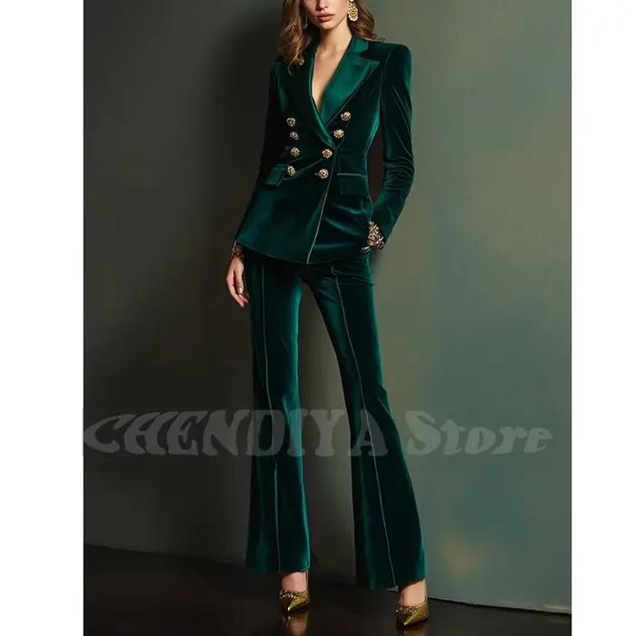 Costume de luxe en velours bleu Royal pour femmes, tenue élégante à revers, Double boutonnage, nouvelle mode moderne d'automne, ensemble 2 pièces, 2025