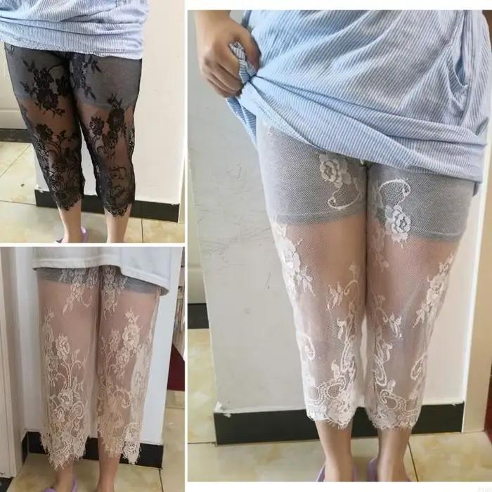 Les femmes sous jupe extensible pantalon recadré voir à travers lacet fleur Capris Leggings Sheer Mesh Sous-pants Half