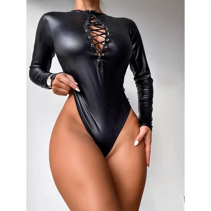 Body de lingerie en cuir sexy pour femmes costume de latex de club de justaucorps érotique