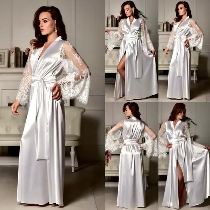 Vente chaude mode Sexy femmes soie dentelle longue Robe