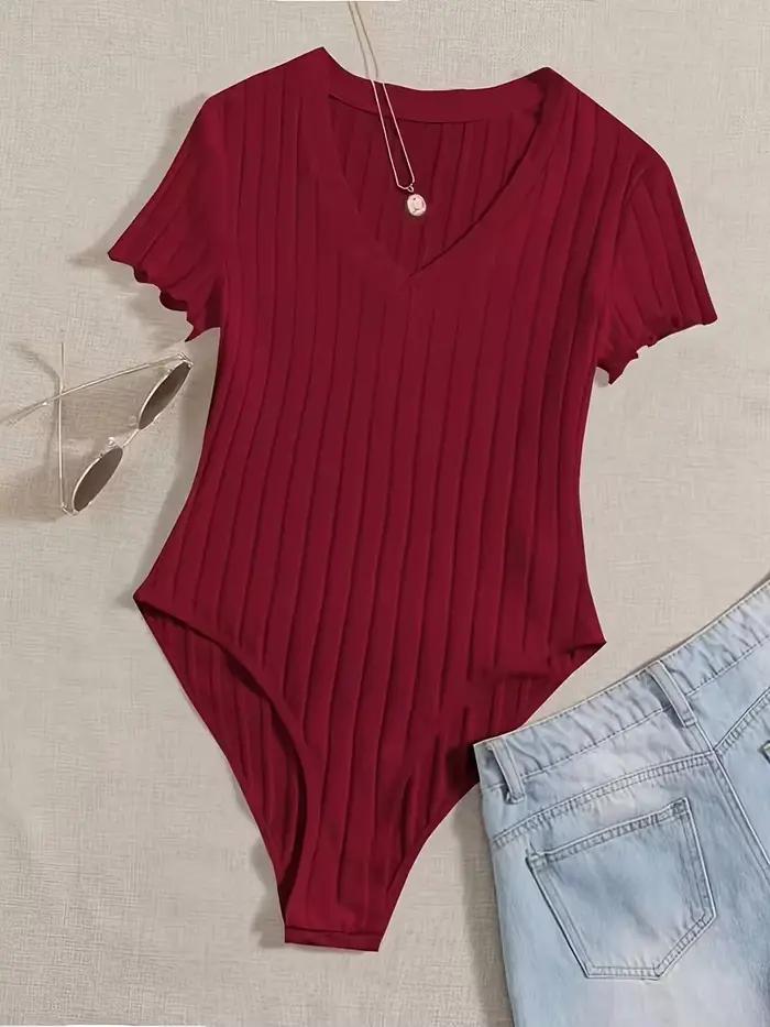 Combinaison en tricot côtelé chic pour femmes | Haut à col en V et manches courtes | Différentes couleurs disponibles pour l'été décontracté