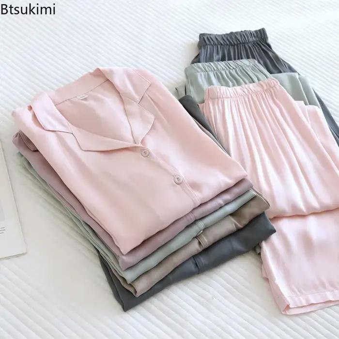 Ensembles de pyjamas amples et doux 2026 pour couples, hommes et femmes, en coton, soie et satin fin, vêtements d'intérieur printemps-automne, tenue de nuit 2 pièces