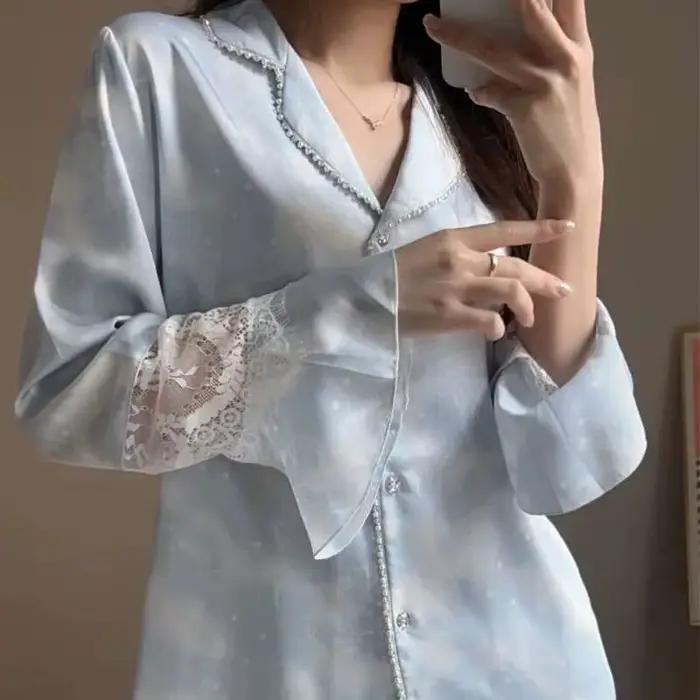 Pyjama à manches longues et pantalon en dentelle pour femme