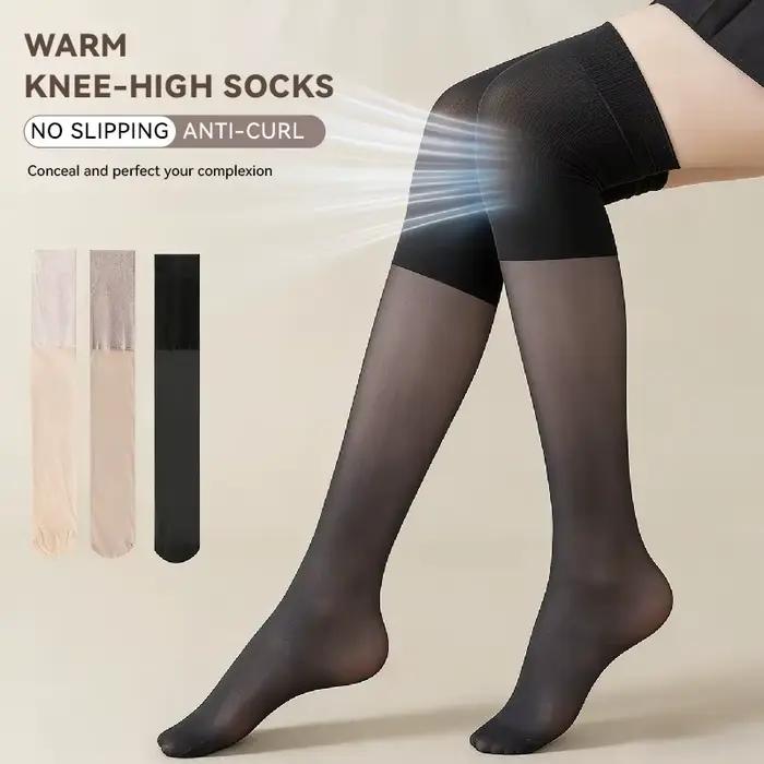 Chaussettes hautes pour femmes, fines et transparentes en nylon, pour l'été, avec bande antidérapante en silicone, anti-accroc, pour réchauffer les genoux