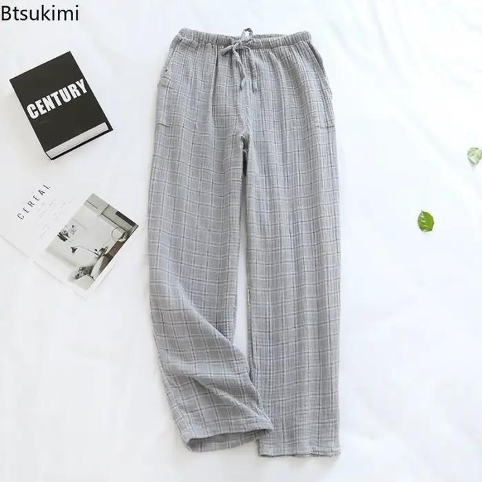 Bas de sommeil japonais pour hommes, pantalon de pyjama à carreaux en treillis Simple, fil de coton 100%, vêtements de maison, taille élastique, nouvelle collection 2026