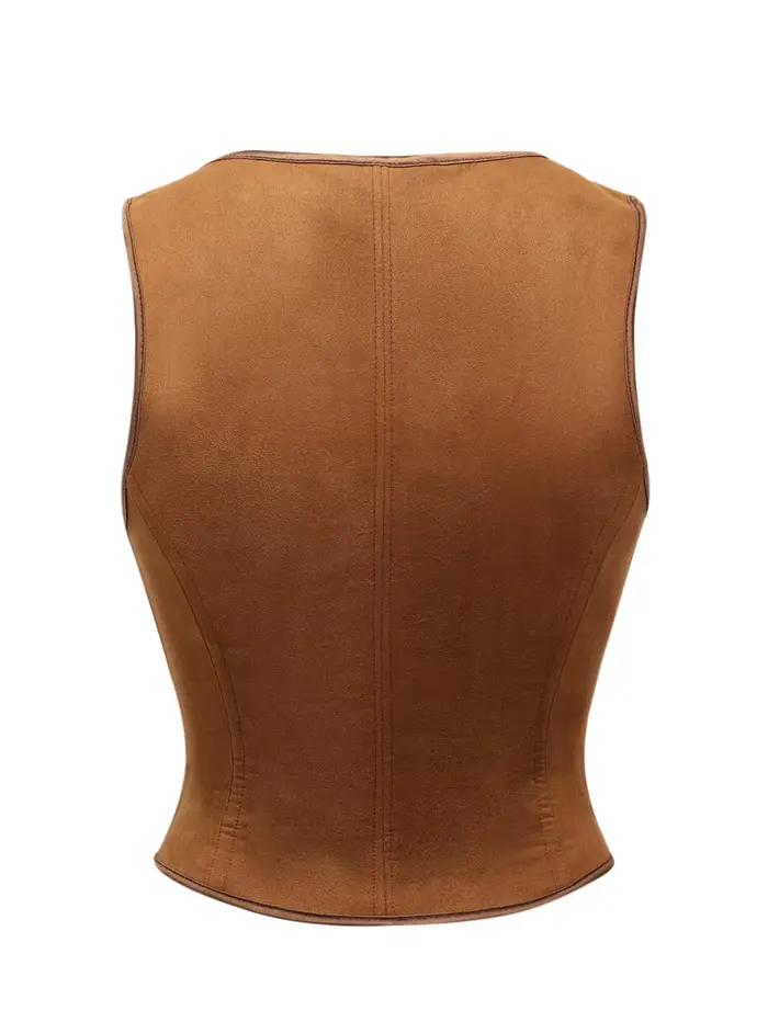 Gilet corset marron aspect daim avec boutons métalliques roses, col carré, cincher de taille pour femme