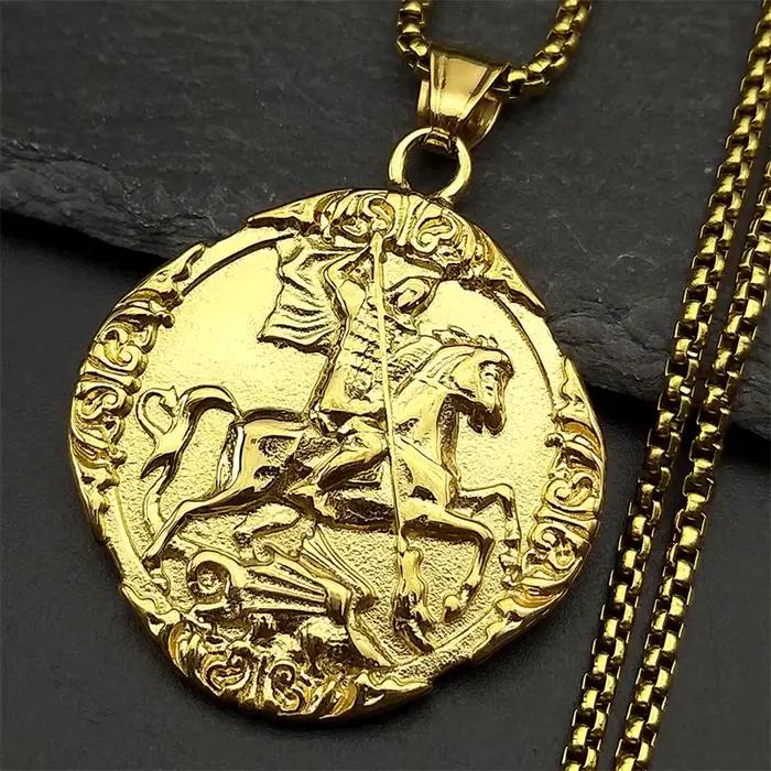 Saint George PROTECT US Christian pendentif en acier inoxydable collier pour femmes hommes couleur or St. George collier ras du cou bijoux