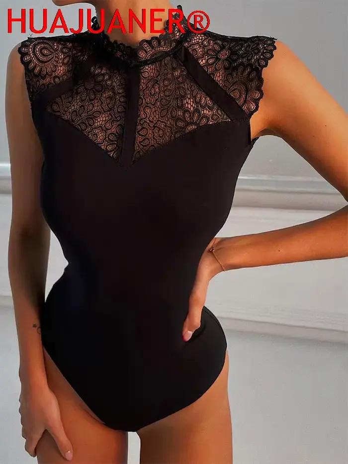 Femmes Sexy noir dentelle body barboteuses sans manches Slinky nouvelle mode moulante Wrap