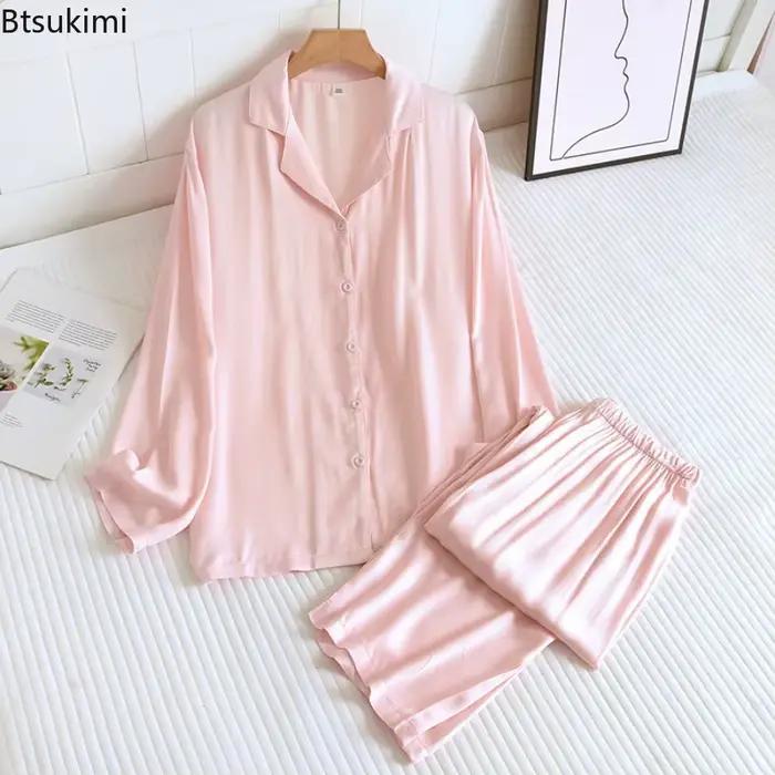 Ensembles de pyjamas amples et doux 2026 pour couples, hommes et femmes, en coton, soie et satin fin, vêtements d'intérieur printemps-automne, tenue de nuit 2 pièces
