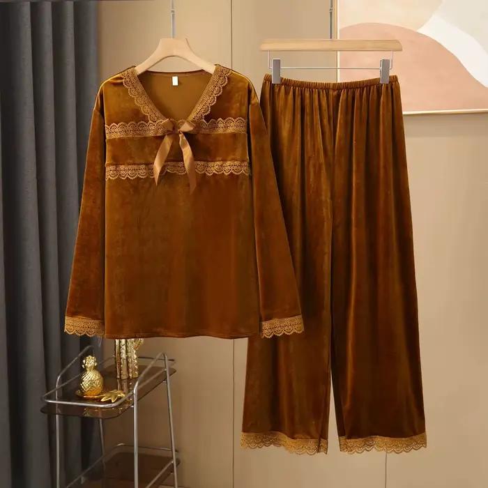 Sexy velours 2 pièces PJS ensemble vêtements de nuit féminins