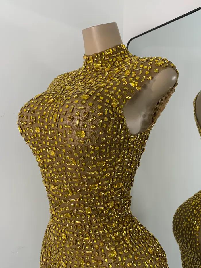 Robe courte de soirée dorée, diamants scintillants, luxe, maille élégante, transparente, vêtements de Cocktail, d'anniversaire, vêtements de spectacle en boîte de nuit