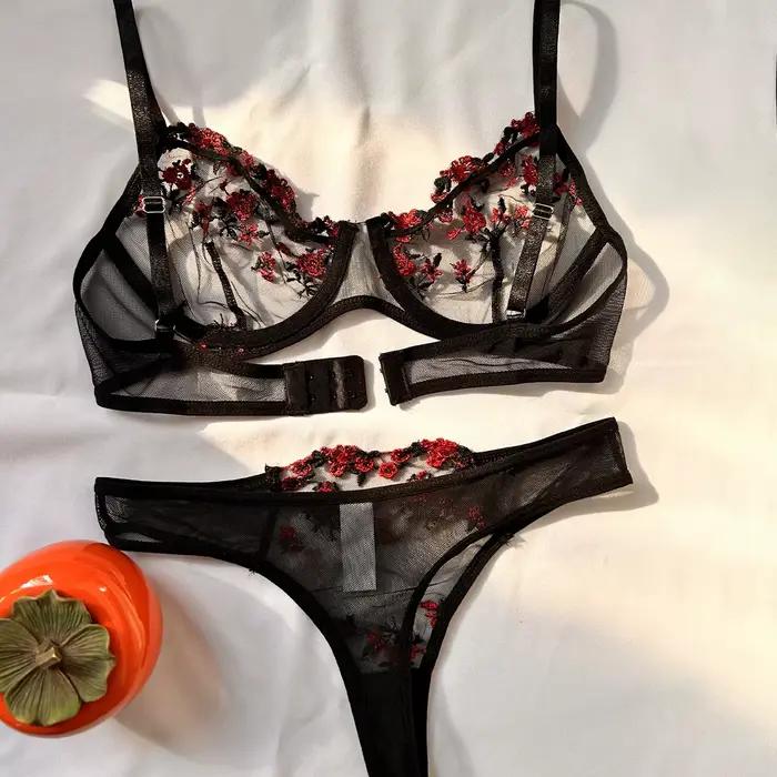 Ensemble de lingerie sexy femme en dentelle brodée fleur en élasthanne nylon rayonne soutien gorge et culotte pour toutes les occasions spéciales