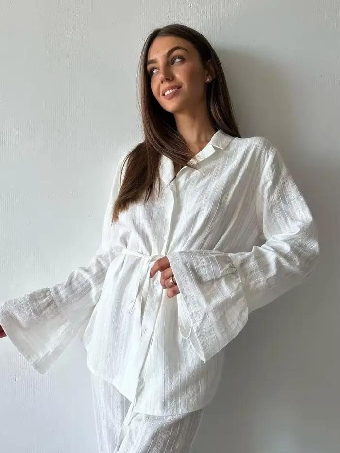 Ensemble de pyjama blanc pour femme 100 % coton