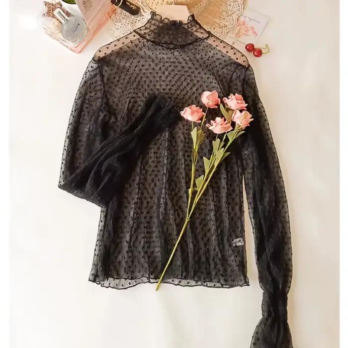 Chemise à col haut en maille transparente Bella Philosophy pour femmes, été, fine, transparente, basique, dentelle, manches longues évasées