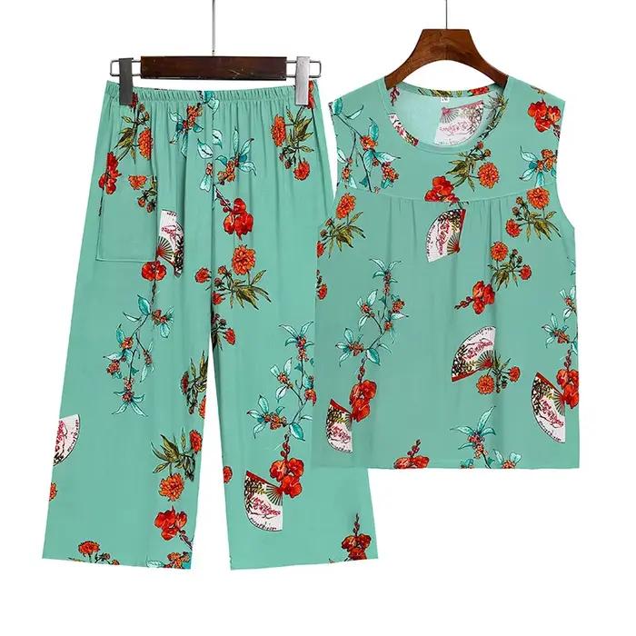 4XL Pyjama Pour Femme Nouveau Imprimé D'âge Moyen Mère Deux Pièces Ensemble FiglaCapri Pantalon Trempé Vêtements De