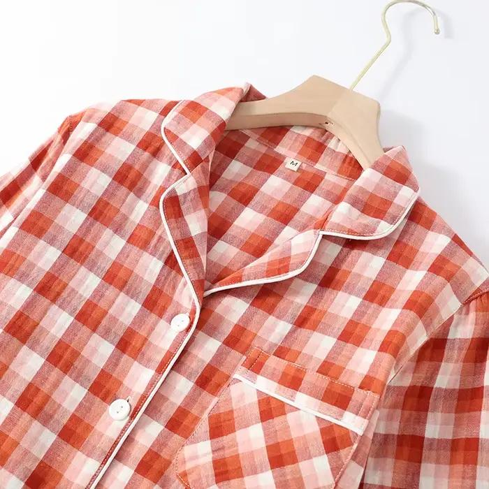 Ensemble pyjama Double couche en gaze de coton imprimé à carreaux pour Couples