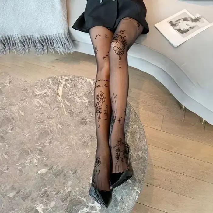 Collants longs noirs pour femmes, collants avec tatouages à motifs, fleur insérée, lettre, dames, fins, sexy