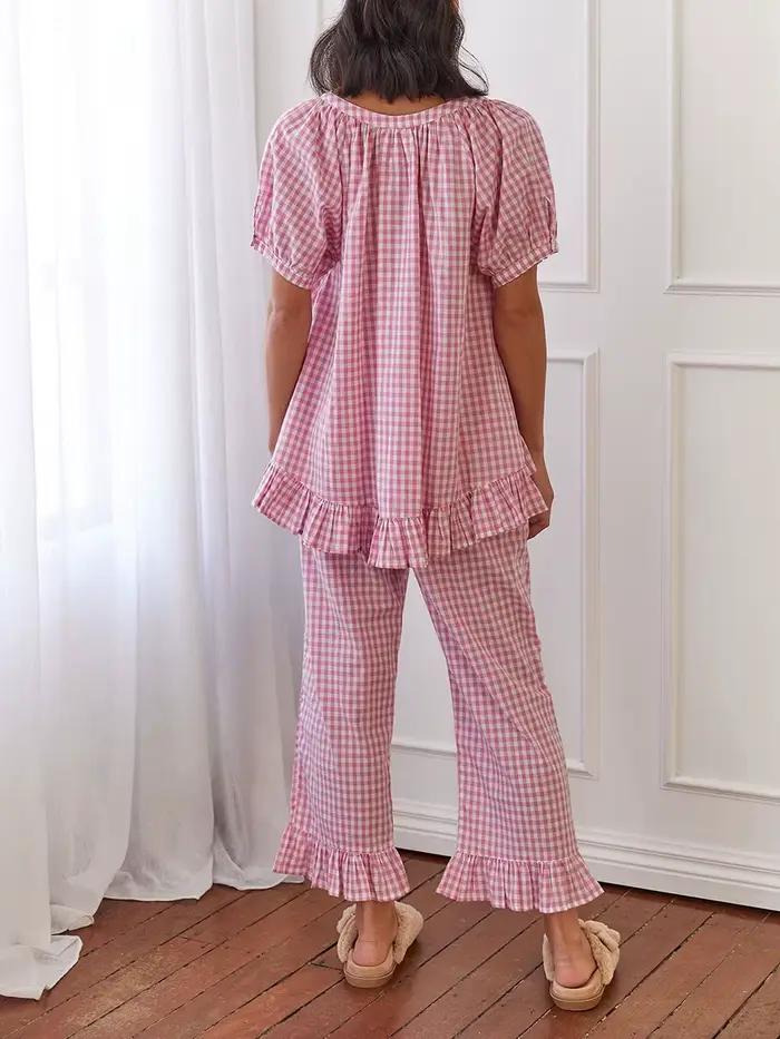 Pyjama à carreaux à manches bouffantes sur le devant pour femmes
