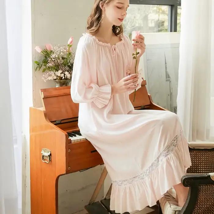 Chemise de nuit à manches longues pour femmes, tenue de printemps et d'automne, douce, ample, vêtements de maison, en coton, vêtements de nuit féminins