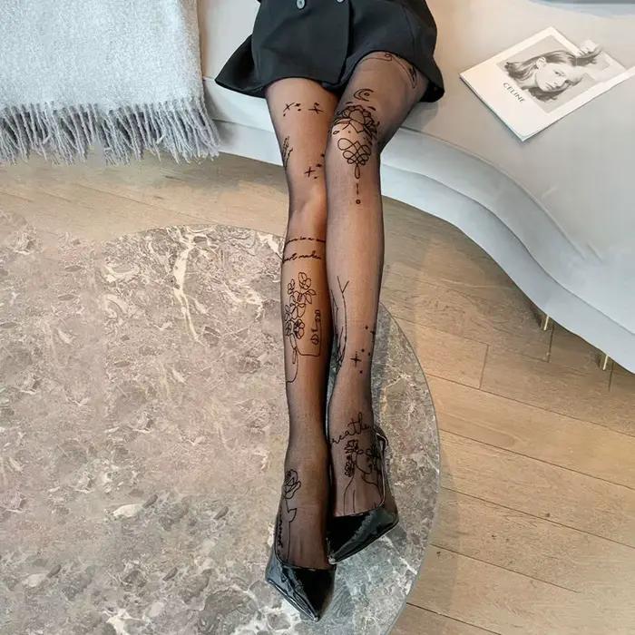 Collants Longs et Fins à Motifs pour Femme, Bas Sexy, avec Règle, Lettre, Fleur, Noir