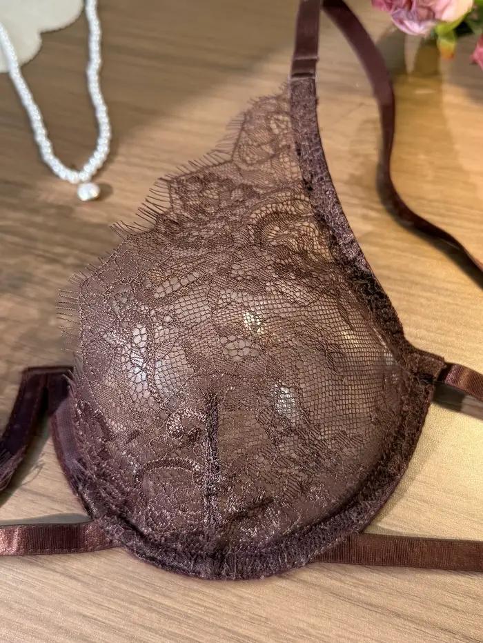 Ensemble de lingerie vintage français en dentelle marron foncé pour femmes