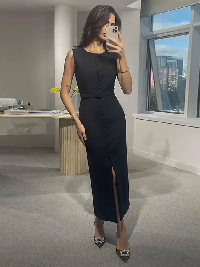 Costume sans manches à lacets robe mi-longue femmes élégant col rond simple boutonnage coupe ajustée Robes de soirée