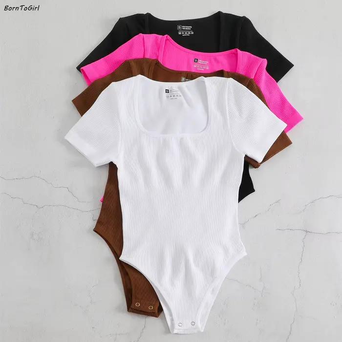 BornToGirl Combinaison moulante sexy pour femme, noire et blanche, une pièce, unie, slim, à manches courtes, style Y2K