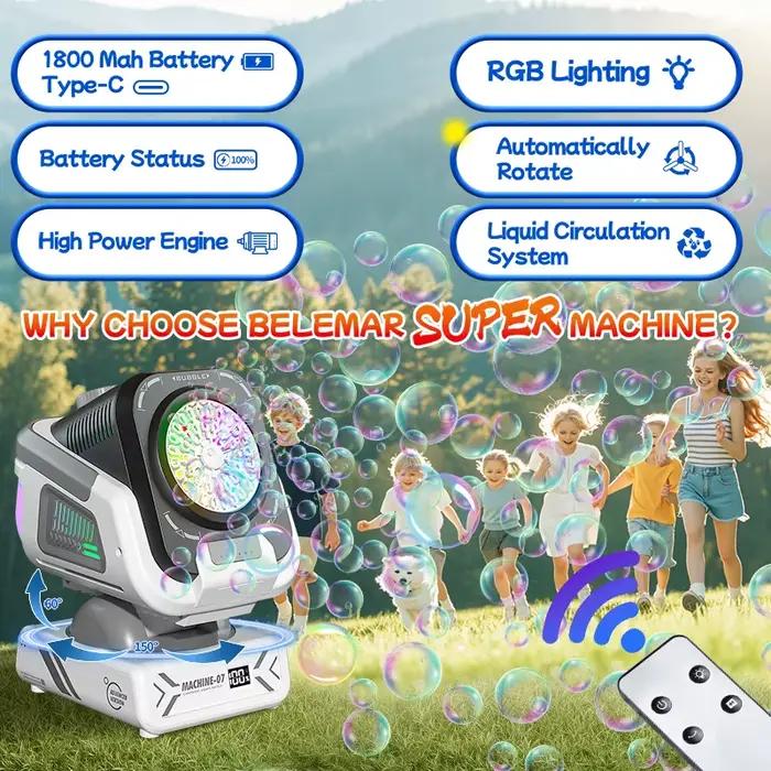 La version améliorée de la machine à bulles avec télécommande, rotation automatique et lumière RVB, batterie rechargeable 1800 mAh, charge de type C, machine à bulles adaptée aux enfants, mariages, fê