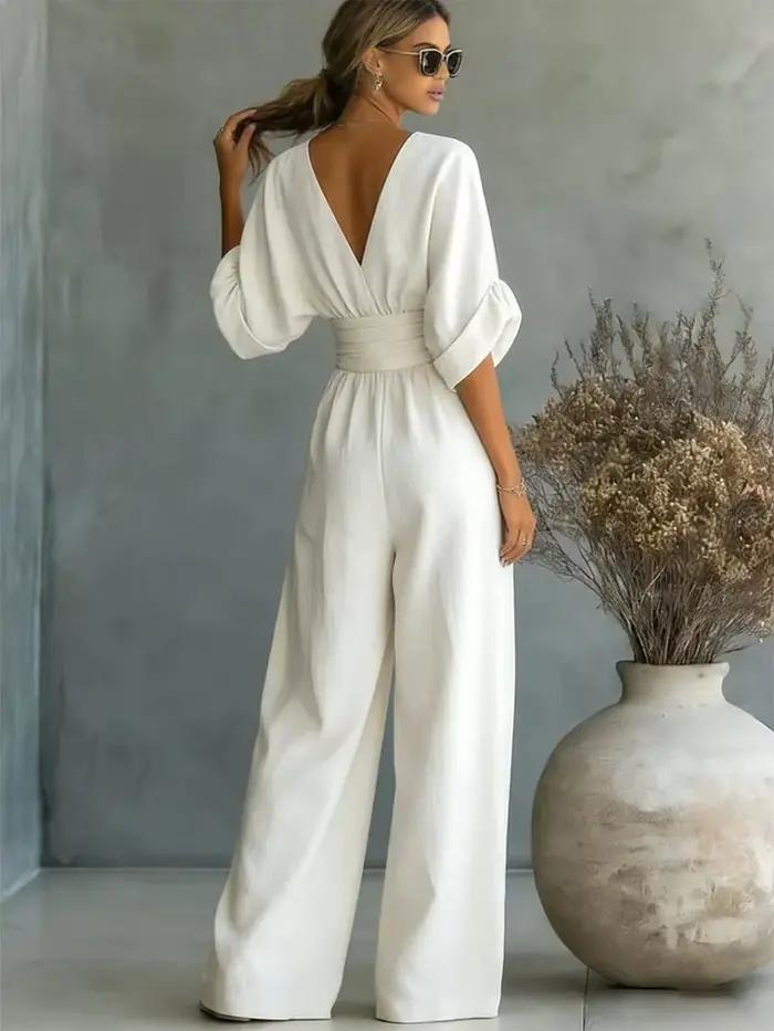 Nouvelle Combinaison Femme Tendance Taille Haute Col V Sexy Blanche pour le Bureau