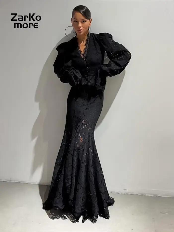 Ensemble 2 pièces jupe et chemise en dentelle pour femme, haut court à manches longues bouffantes et col en V, jupe longue sirène, tenue de soirée élégante, nouveauté 2026
