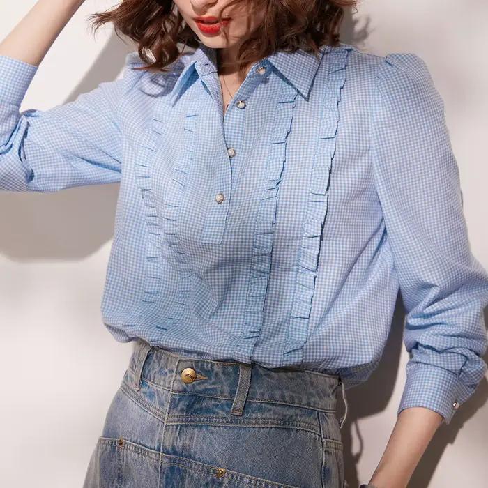 Modiis Yao-Chemise à carreaux à manches longues et bouffantes pour femme